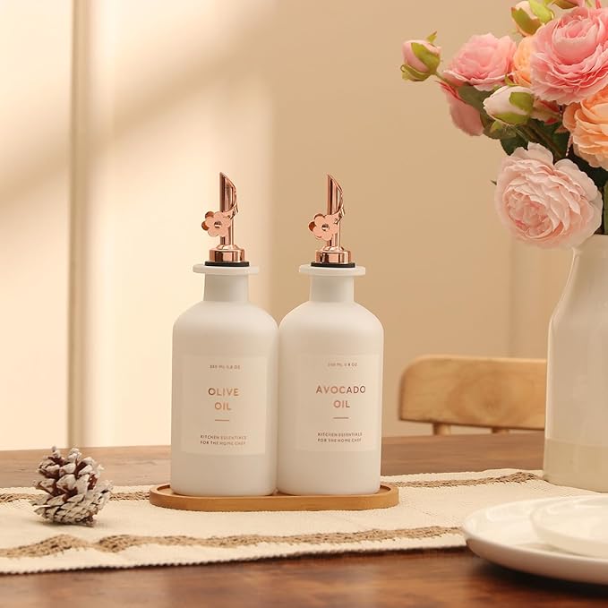 HOMCDALY Olive Oil Dispenser for Kitchen, 11.8oz Glass kitchen Dispenser Bottle, Rose Gold Oil&Vinegar Cruet Set, Leakproof Oil Containers for Cooking, Kitchen Decor | Set of 2 (11.8oz – Rose Gold)