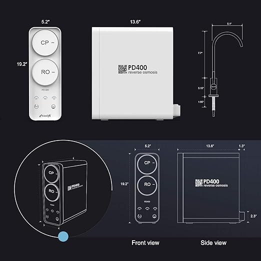 Frizzlife Reverse Osmosis System - Tankless 400 GPD Drinking Water Filtration System, Quick Twist Under Sink RO Filter - 1.5 : 1 Pure to Drain - Reduce TDS, Compact Footprint, USA Tech Support, PD400