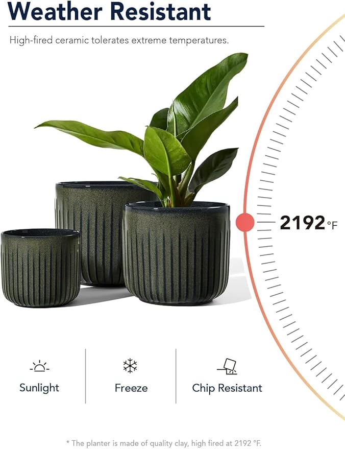 LE TAUCI Fluted Ceramic Planters Set of 3 – 8.3/7 / 5.7 in Dark Olive Reactive Cylinder Indoor Plant Pots with Drainage Plug & Mesh, Glossy Stoneware Flower Pots for Succulents Herbs