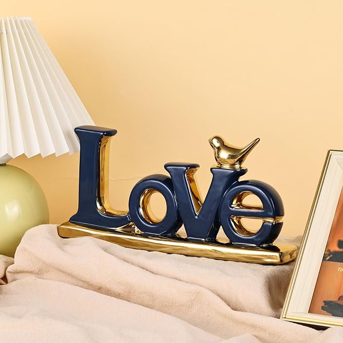 Love Sign Decoration,Blue and Gold Love Signs for Home Decor Statue,Modern Bird Sculpture Personalized Love Decor,Gold Style Figurine Decorative Ornaments for Living Room,Bedroom,Desktop,Cabinets