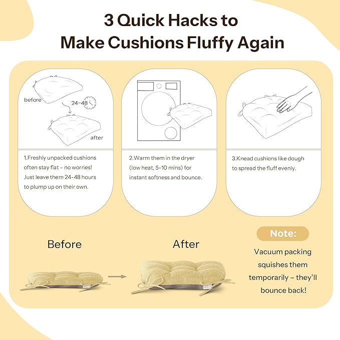 Non Slip Chair Cushions for Dining Chairs Set of 4 Kitchen Chair Cushions 18"x18"x3" Turfted Chair Pads Comfortable and Soft Seat Cushion with Ties, Yellow