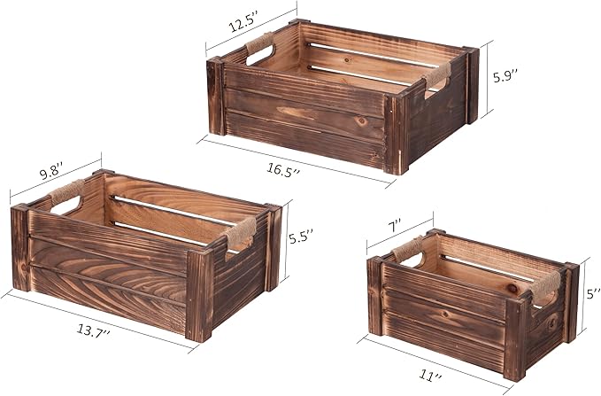 TIMRIS Set of 3 Rustic Wood Nesting Crates, Farmhouse Wooden Storage Container Boxes with Cutout Handles, Decorative Wooden Baskets for Display (Rustic Brown)