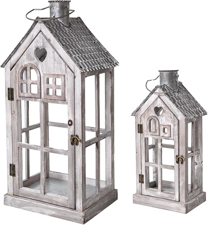 Large Farmhouse Wooden Metal Candle Lantern Set of 2, Rustic Decorative Floor Lanterns, Indoor/Outdoor Village Houses Lantern for Home Decor (No Glass)