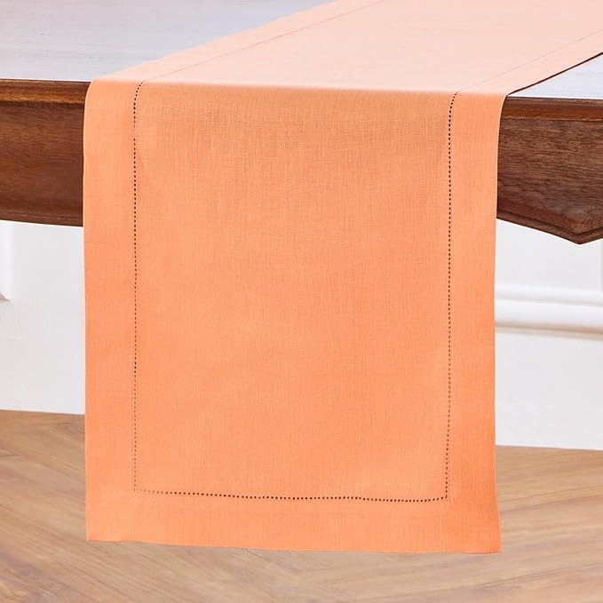 Solino Home Linen Coral Hemstitch Table Runner 48 Inches - 100% Pure Linen Small Table Runner 14 x 48 Inch Ideal for Dresser and Coffee Tables - Classic Hemstitch