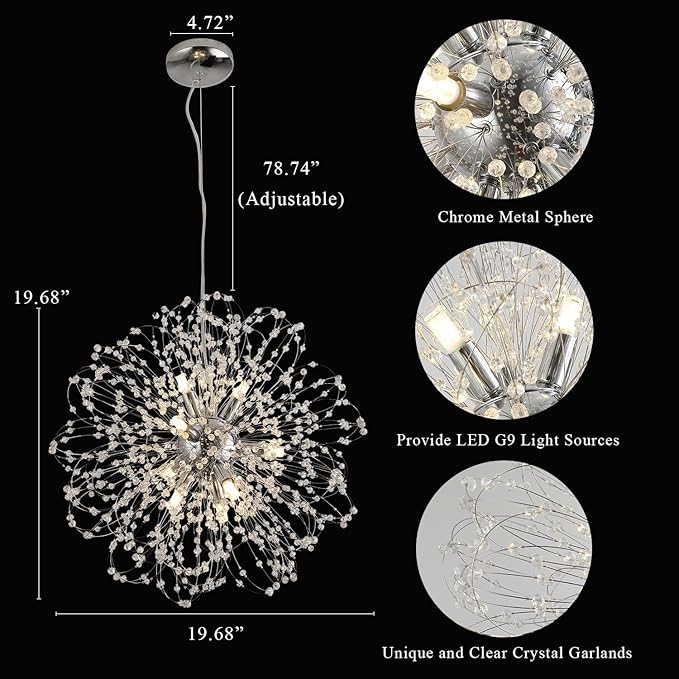 Sputnik Crystal Chandelier, Modern Beaded Ceiling Lamp with Chrome, Round Dandelion Pendant Light Fixtures for Living Room Bedroom Dining Room Farmhouse Kitchen Island (Chrome 9Lights)