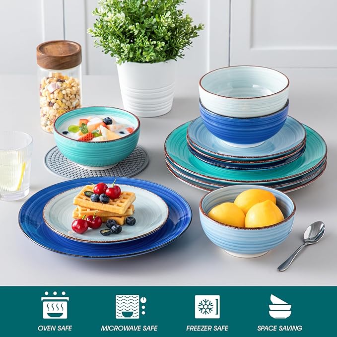 vancasso Bonita Dinnerware Set Blue Stoneware 12 Pieces Service for 4, Handpainted Spirals Pattern Stoneware Plates and Bowls Set