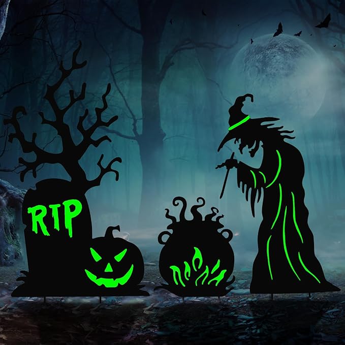 Halloween Yard Signs Outdoor Decorations,3 Pack Scary Large Witch Tombstone Cauldron Fluorescent Metal Stakes Glow in The Dark for Lawn Garden Halloween Decor (Large Witch Tombstone Cauldron)