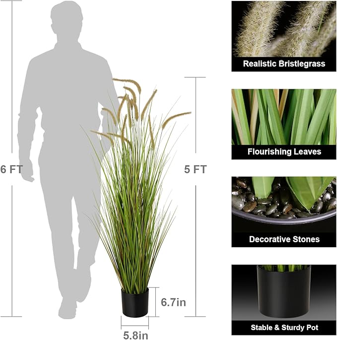 KOL Artificial 5ft 2-Pack Horsetail Reed Grass, 59in Tall Artificial Indoor Outdoor Fake Grass Plant, Home Office Decorative Artificial Plants in Pot Faux Plant Greenery, Wedding Decor Grass
