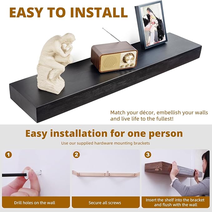 Floating Shelves 3 inch Thick for Wall Set of 2,Solid Pine Wood Wall Mount Shelf for Kitchen Living Room Bedroom Bathroom,8" D x 60" L x 3" H-Black