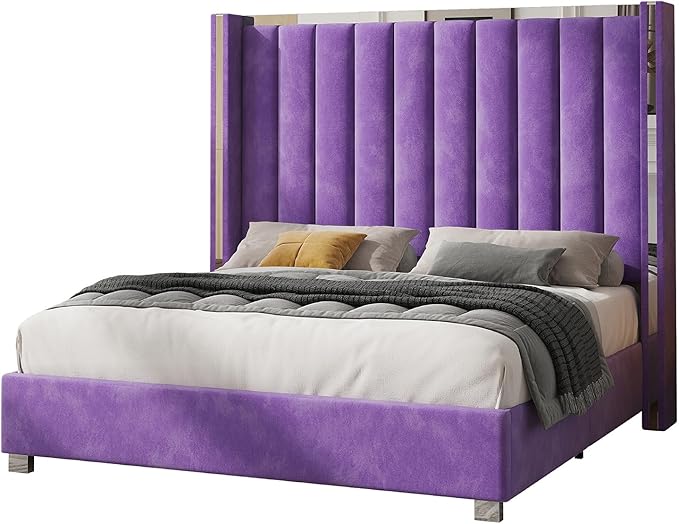 Jocisland Queen Bed Frame with 58" Tall Headboard, Velvet Upholstered Platform Bed with Channel Tufted Wingback Headboard and Plating Trim, No Box Spring Needed, Purple