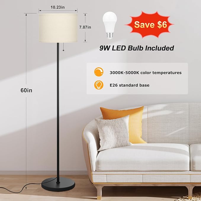 Ambimall Floor Lamps for Living Room with 3 Color Temperatures Bulb & Pull Chain Switch, 60" Modern Standing Floor Lamp for Bedroom Kids Room Study Room(Dark Beige Shade & Black Pole)