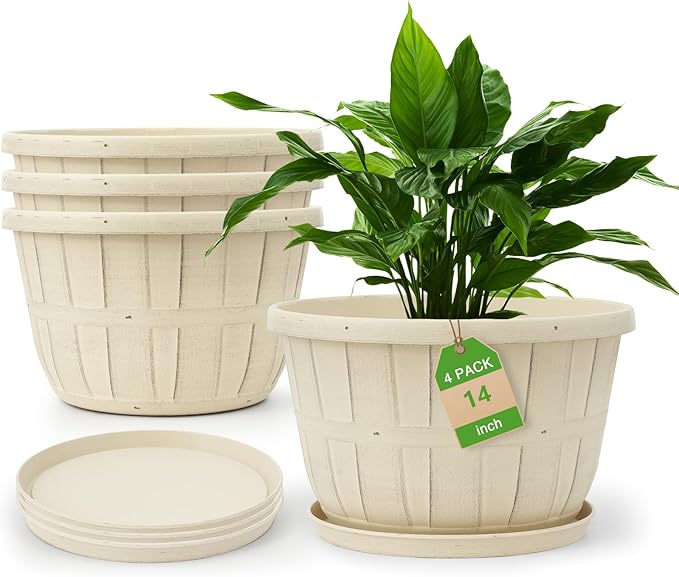 Quarut 14 Inch Plastic-Flower-Pot-for-Indoor-Plants, 4 Pack Large Outdoor Planter Pot with Drainage Holes & Saucers, Resin Decorative Garden Pots Planters(White)