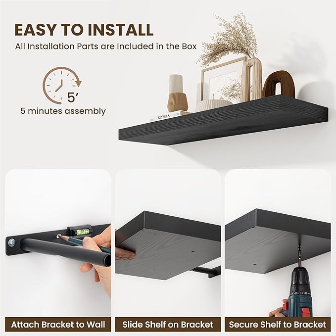 Fun Memories 10 Inch Deep Shelves, Floating Shelves for Wall 48 Inches Long, Wood Floating Shelves for Wall, Large Storage Shelves Wall Mount for Living Room Bedroom, Black, Set of 1
