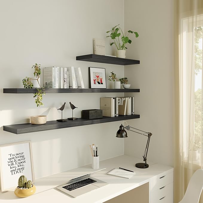 Large Floating Shelves for Wall Set of 1 Wooden Wall Shelves 36 in x 12.75 in x 2 in Room Decor Long Shelf with Invisible Wall Mount Bracket for Bedroom Kitchen Living Room Black Wood