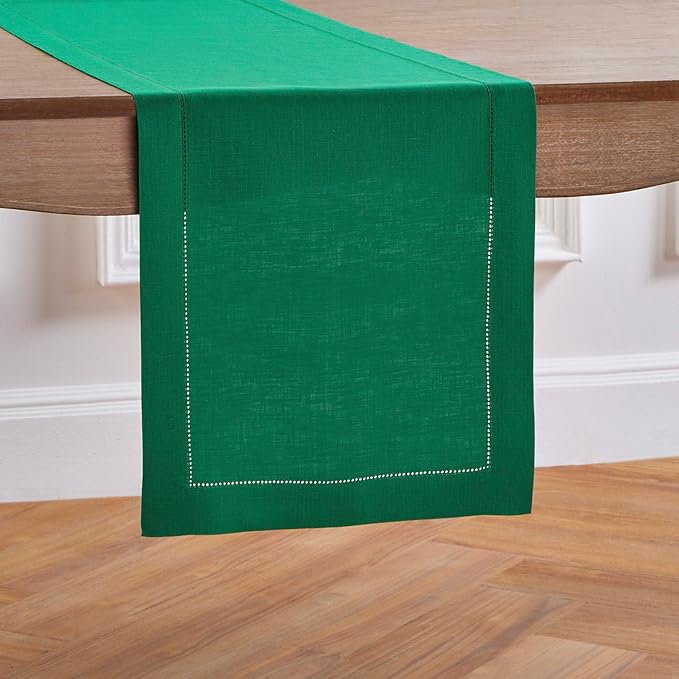 Solino Home Linen Emerald Green Table Runner 72 Inches Long - 100% Pure Linen Hemstitch Table Runner 14 x 72 Inch for Dresser, Dining - Classic Hemstitch