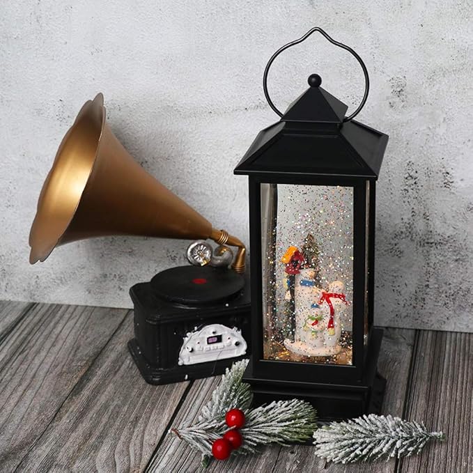 Eldnacele Christmas Snow Globe Lantern with Music, Battery Operated Lighted Swirling Glitter Water Lantern with Timer for Christmas Home Decoration, Snowman