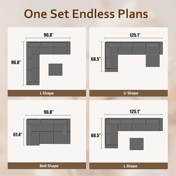 HOOOWOOO Modular Sectional Couch Sofa,125X69 U L Shaped Oversized Couch Sets Free Combination,6 Pieces Extra Deep Sofa with Ottoman for Living Room(Black Corduroy)