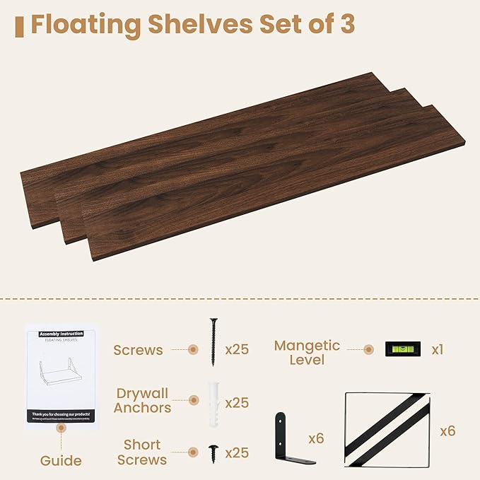 Heimlove 48 Inch Large Floating Bookshelves Set of 3,Wall Mounted Bookshelves,Heavy Duty Wooden Shelves for Living Room,Bedroom,Kitchen,Laundry Room Storage & Decor-Walnut Color