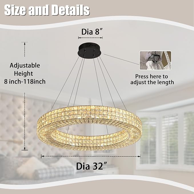 Dia 32" Ring Crystal Chandelier Modern Black Ring Chandelier Adjustable Height Luxury Crystal Pendant Ceiling Light Fixture for Dining Living Room Bedroom