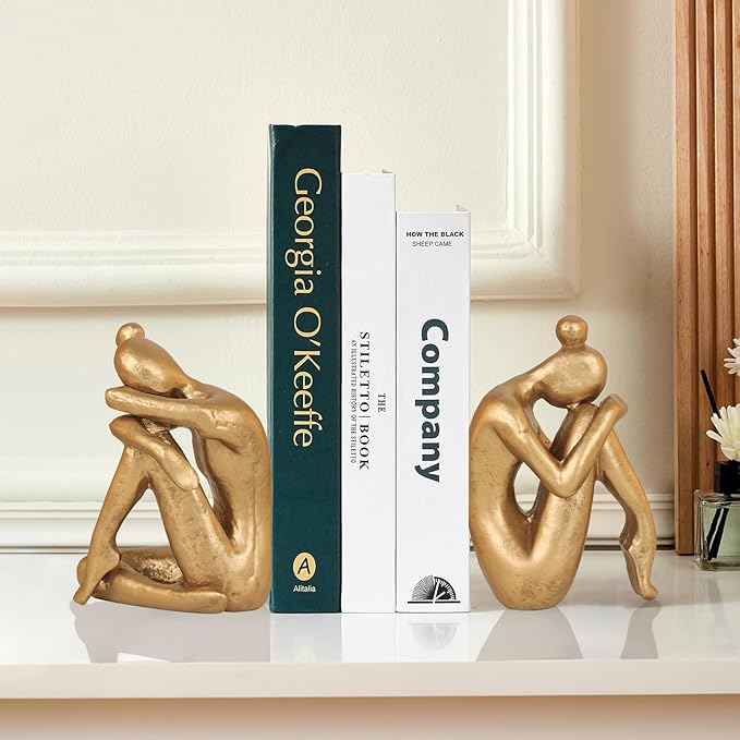 Unique Cast Iron Girl Thinker Bookends, Heavy-Duty Decorative Book Stoppers for Shelves, Creative Home and Office Desk Ornaments, 1 Pair/2 Pieces, 5.9"