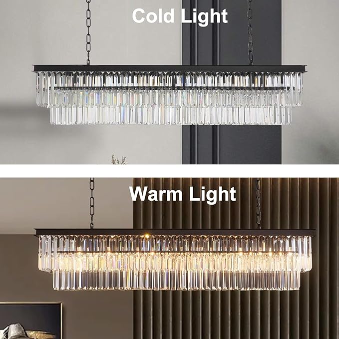 Rectangle Crystal Chandelier Black Modern Linear Chandelier Contemporary Pendant Light Fixture 8-Light Hanging Ceiling Light for Dining Room Living Room Kitchen Bedroom Foyer 47''