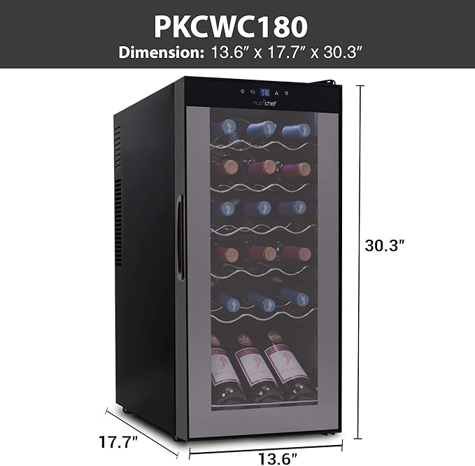 Nutrichef 18 Bottle Slim Wine Fridge | Red & White Wine Chiller | Adjustable Temperature Control 41°F to 64°F | Ultra Quiet Operation | Mini Wine Cooler for Home & Office, 30x13x17 IN