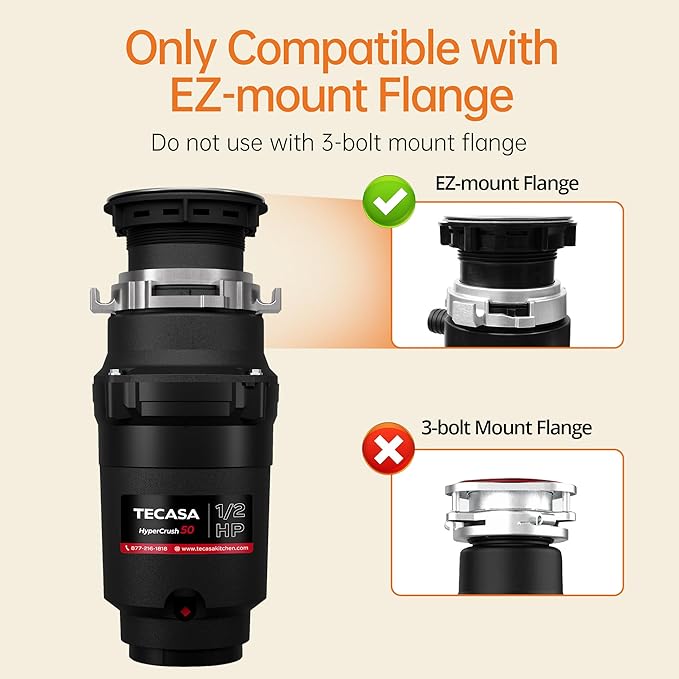 1/2 HP Garbage Disposals, TECASA Continuous Feed, Stainless Steel Food Waste Grinding System for Kitchen Sink Food Waste, Power Cord Included, Black - HyperCrush 50