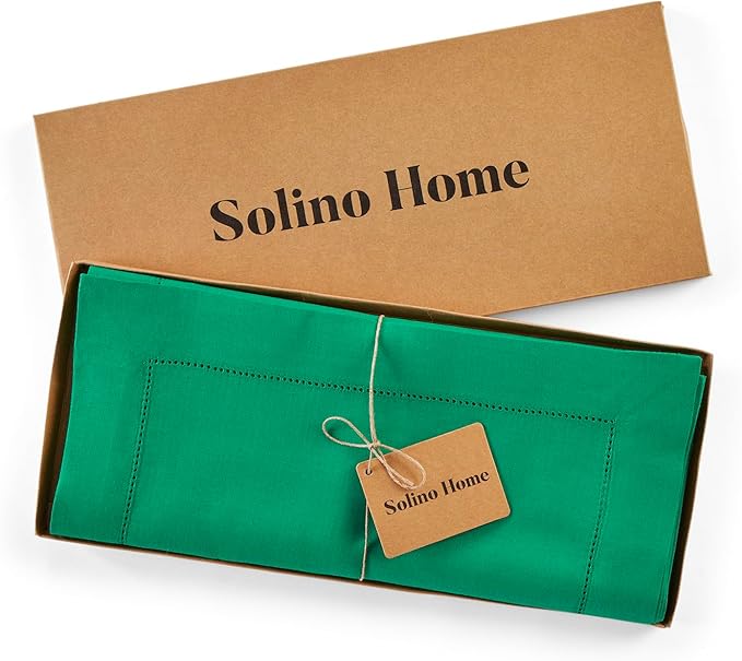 Solino Home Linen Emerald Green Table Runner 72 Inches Long - 100% Pure Linen Hemstitch Table Runner 14 x 72 Inch for Dresser, Dining - Classic Hemstitch