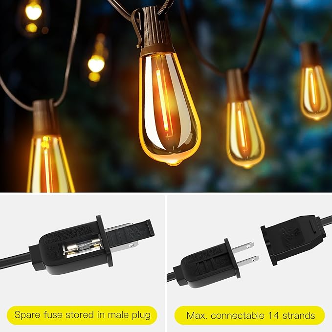 OHLUX Bistro String Lights Outdoor, 60FT Deck Lights with 32 Shatterproof ST38 Vintage Edison Bulbs, 2200K Warm Dimmable Connectable LED Light String for Outside Porch Yard Gazebos Balcony Garden