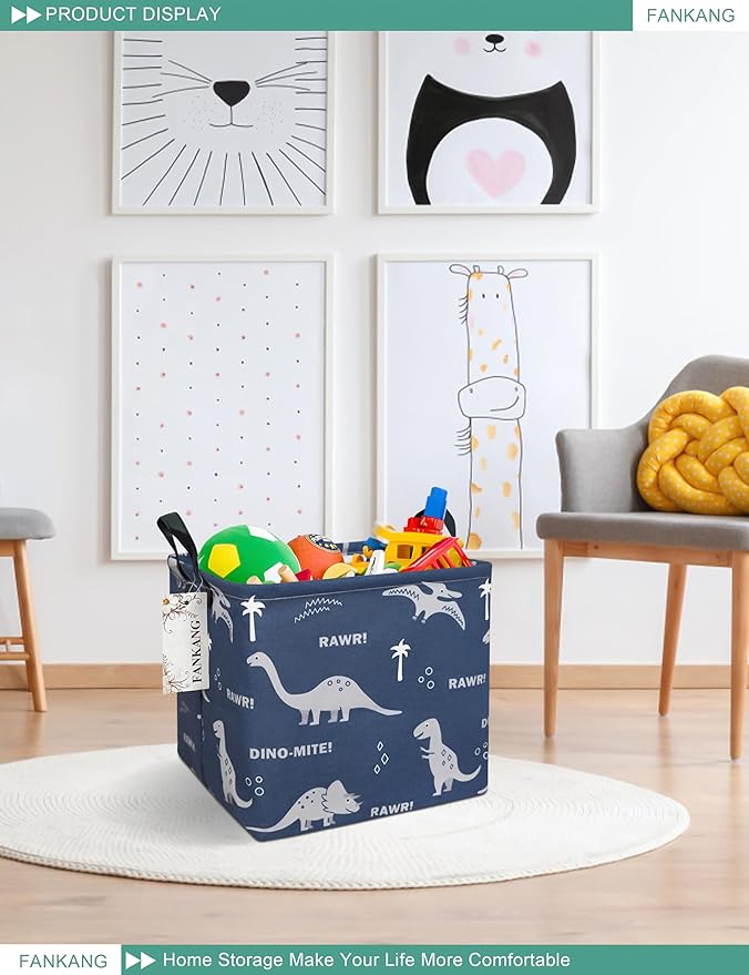 FANKANG Square Nursery Hamper Storage Bins Canvas Laundry Basket Foldable with Waterproof PE Coating Storage Baskets Gift Baskets for Children, Office, Bedroom, Clothes(Square-Blue dinosaur )