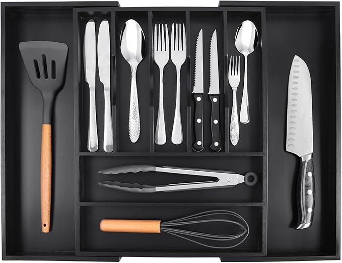 Bellsal Large Premium Bamboo Silverware Organizer - Expandable Utensil Drawer Organizer - 17"x19.6" Utensil Holder and Cutlery Tray with Grooved for Kitchen Flatware and Utensils(7-9 Slot, Black)