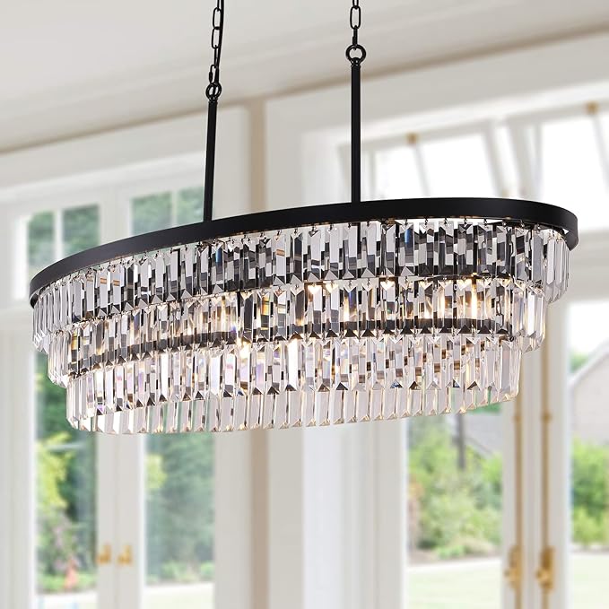 TOCHIC Chandelier 40 inch, Farmhouse Black Crystal Chandelier, Kitchen Island Lighting, Dining Room Light Fixture for High Ceiling, Modern Linear Oval Chandeliers for Living Room, Office Area, Bar
