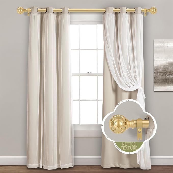 Gold Adjustable Curtain Rods for Windows:18-60 Inch Farmhouse Heavy Duty Curtain Rod for Bedroom Living Room,Boho Decorative Rustic Drapery Rods with Vintage Coastal Texture Finial,Brass Gold