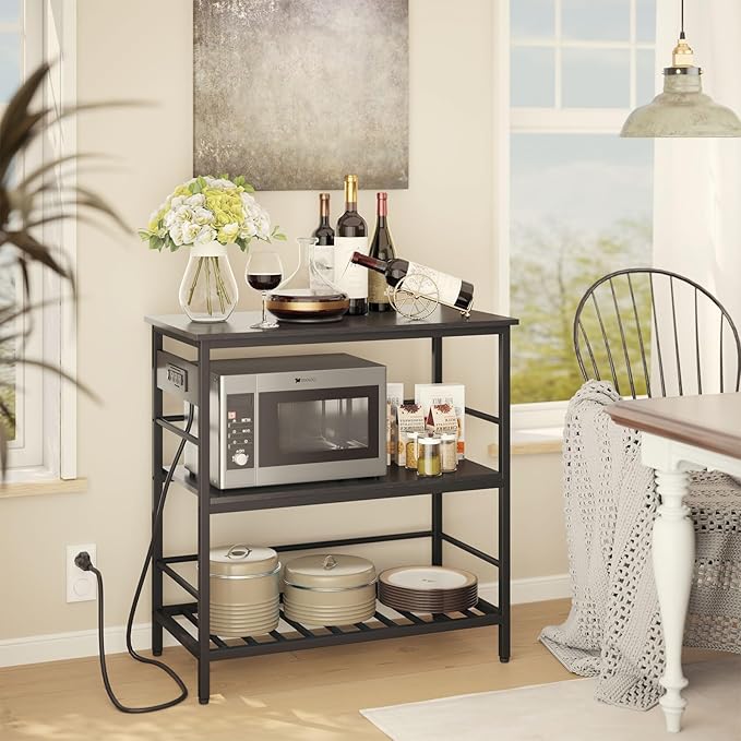 IBUYKE Kitchen Island with Storage, Bakers Rack with Power Outlet,Microwave Stand with Large Worktop,Rolling Bar Cart for Home, Outdoor, Kitchen,Black TMJ029B