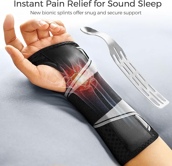 FREETOO Tendonitis Wrist Brace Night Support Fit Right Hand for Work, Pain Relief Wrist Splint for Arthritis, Sprain for Sleeping, Hand Brace for Carpal Tunnel For Women and Men (L/XL, Black/Grey)