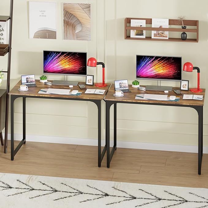PayLessHere | 39 Inch Computer Desk | Brown | Office Desk with Metal Frame, Adjustable Feet | Water-Resistant, Scratchproof Surface | Sturdy Writing Table for Home Office or Study | Pack of 2