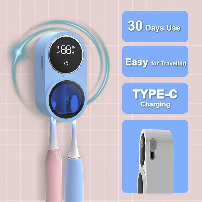 Toothbrush Holder and Cleaner for Bathroom Light Cleaning Fan Drying Round in Circle Automatic Rotating Cover Wall Mounted Smart Home Gadgets (02 Blue)