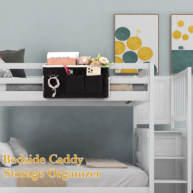 Bedside Storage Caddy/Bedside Hanging Storage Bag for Headboards Bunk Beds Dorm Rooms Book Phone Magazine Holder (2PC Black)
