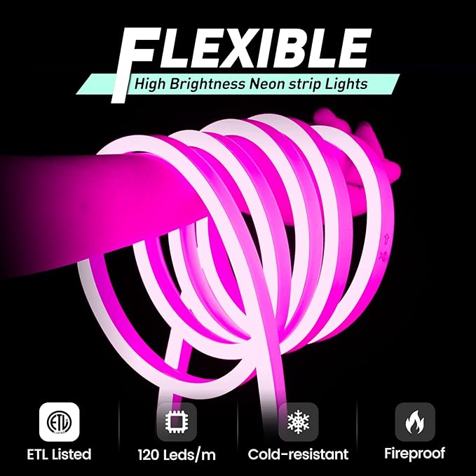 GZBtech Flexible LED Neon Rope Lights 33FT,AC 110-120V Waterproof Strip Light, 120 LEDs/M Cuttable Connectable Neon Lighting for Indoor Outdoor Home Decor/Commercial Building Use-Pink 10M