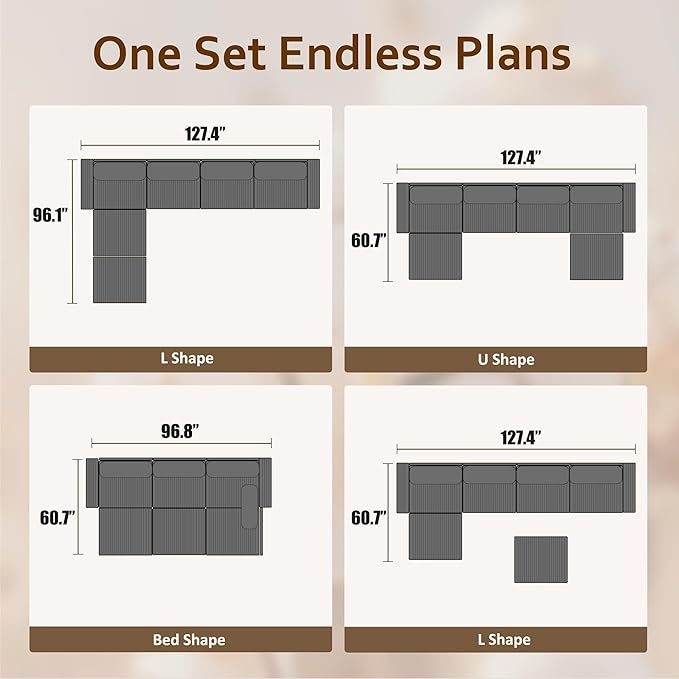 HOOOWOOO Modular Sectional Couch Sofa,128X61 U L Shaped Oversized Couch Sets Free Combination,6 Pieces Extra Deep Sofa with Ottomans for Living Room(Black Corduroy)