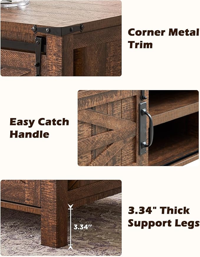 OKD 48" Farmhouse Lift Top Coffee Table with Sliding Barn Door,Rustic Center Table with Hidden Storage Compartment,Lifting Tabletop and Adjustable Shelf for Living Room,Office,Reclaimed Barnwood