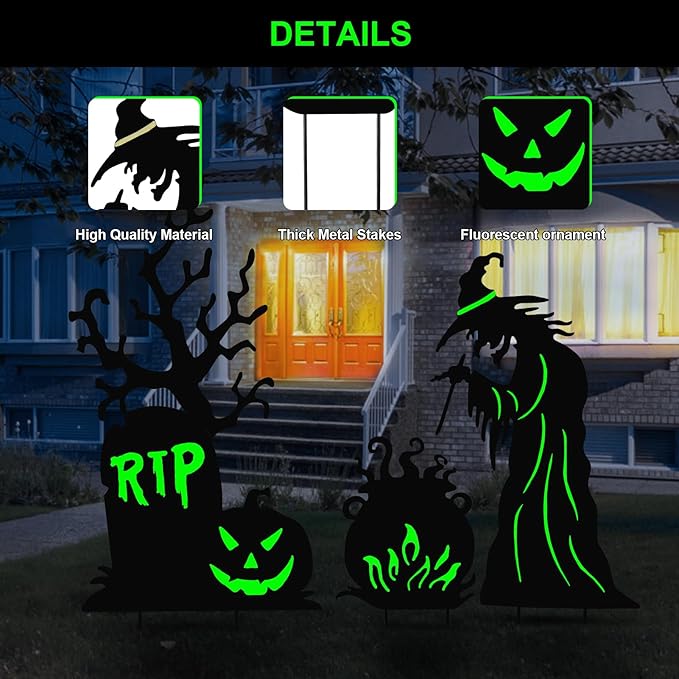 Halloween Yard Signs Outdoor Decorations,3 Pack Scary Large Witch Tombstone Cauldron Fluorescent Metal Stakes Glow in The Dark for Lawn Garden Halloween Decor (Large Witch Tombstone Cauldron)