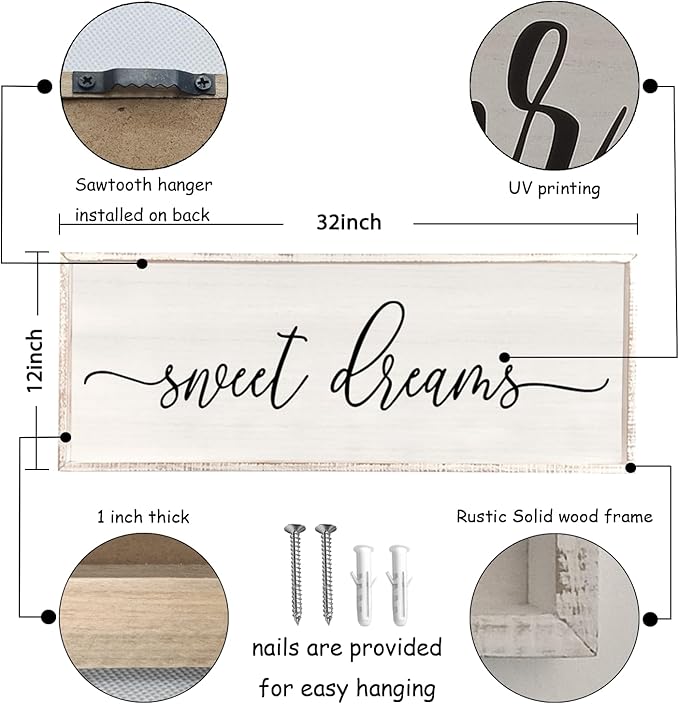 Sweet Dreams Wall Decor Above Bed 32''×12'' Master Bedroom Large Sweet Dreams Sign Farmhouse Wall Decor Guest Room Wood Rustic Framed Wall Art Hanging Decoration (White)