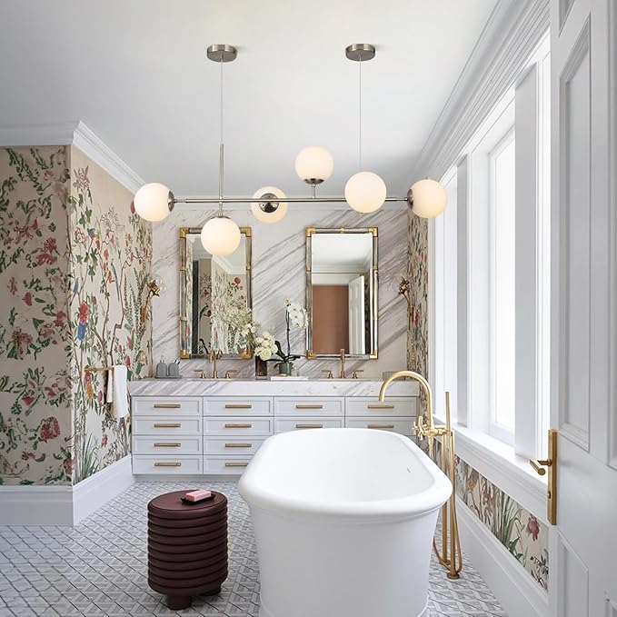 KCO Modern Silver Milk Glass Pendant Light 6 Light Pendant Light Fixture Chandelier Brushed Nickel Chandelier Modern Hanging Linear Light Fixture for Dining Room Kitchen Island