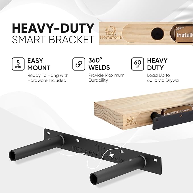 Homeforia Floating Shelf Black 12 inch, High End Solid Real Wood Small 12inch Floating Shelves for Wall Mounted, Black Wooden 12 in Floating Shelves, Heavy Duty Bracket, 12 X 6.5 X 1.75 inch, Set of 4