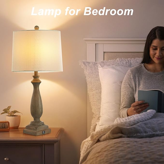 ππ-ππππ Rustic Table Lamp Set of 2 for Living Room, Vintage Farmhouse Bedside Lamp with USB Charging Port, 3 Way Dimmable Resin Nightstand Lamps with White Shade for Bedroom, End Table