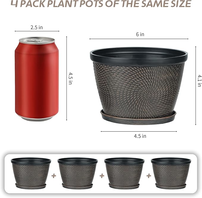 Quarut 4 Pack 6 Inch Flower Pots for Outdoor Indoor, Plastic Plant Pots with Drainage Hole & Saucer, Lightweight Small Flower Pot, Circle Pattern Planters for Garden House planters(Black Copper)