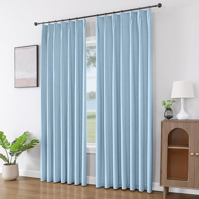 Joydeco Pinch Pleated Linen Curtains for Living Room, 100% Blackout Darkening Curtains 72 inches Length 2 Panel Thermal Insulated Pinch Pleat Drapes(Chambray Blue,40'' Wx72'' L)