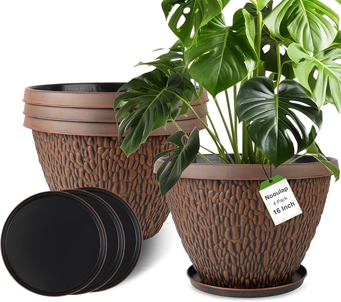 16 Inch Large Outdoor Plant Pot, 4 Pack Thickened Flower Pots with Drainage Holes & Saucer, Pebbles Pattern Design Tree Planters Outdoor for Garden Porch Home