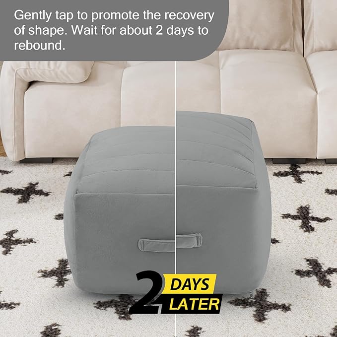 MeMoreCool Square Stuffed Pouf Ottoman Foot Rest, Floor Pouf Foot Stool with Foam Chunk Filling, Soft Stuffed Ottoman Footrest for Living Room, Light Grey